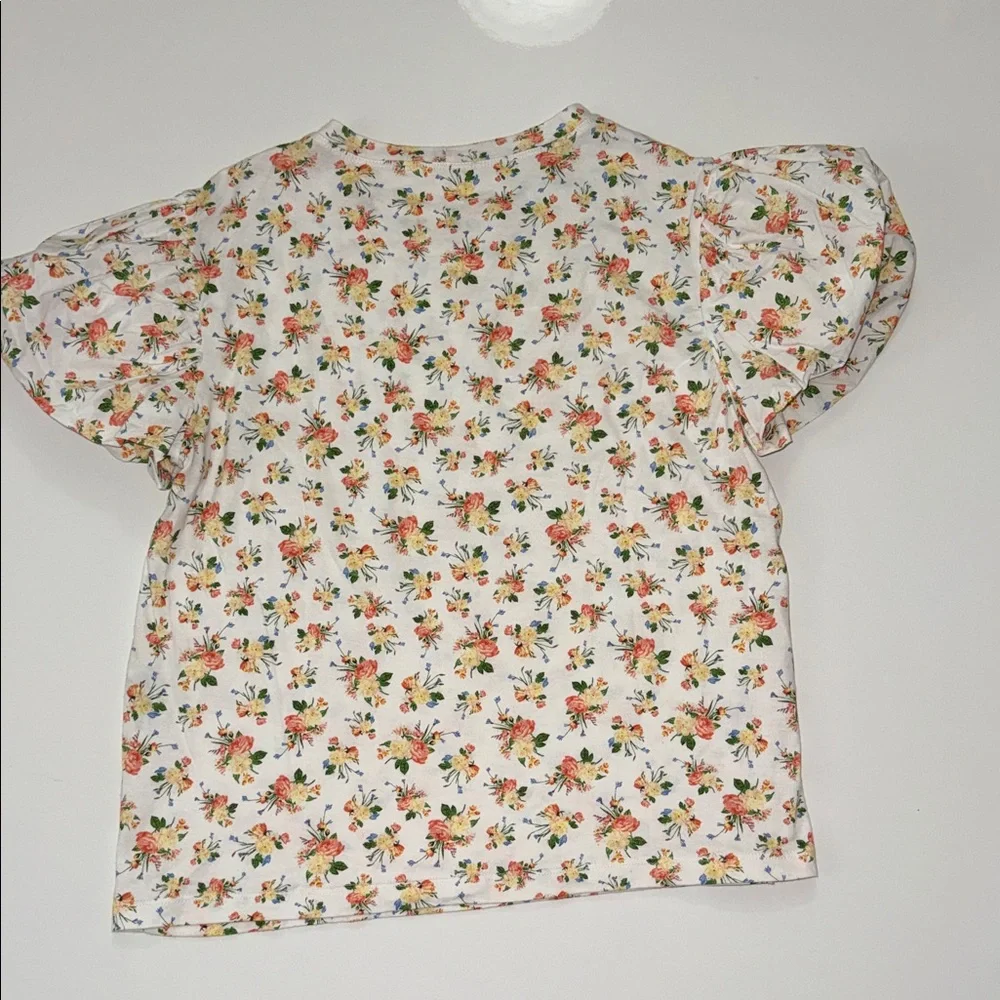 Zara Blouse Top Womens Size S White Floral Knit Puff Sleeve Crew Neck Pullover